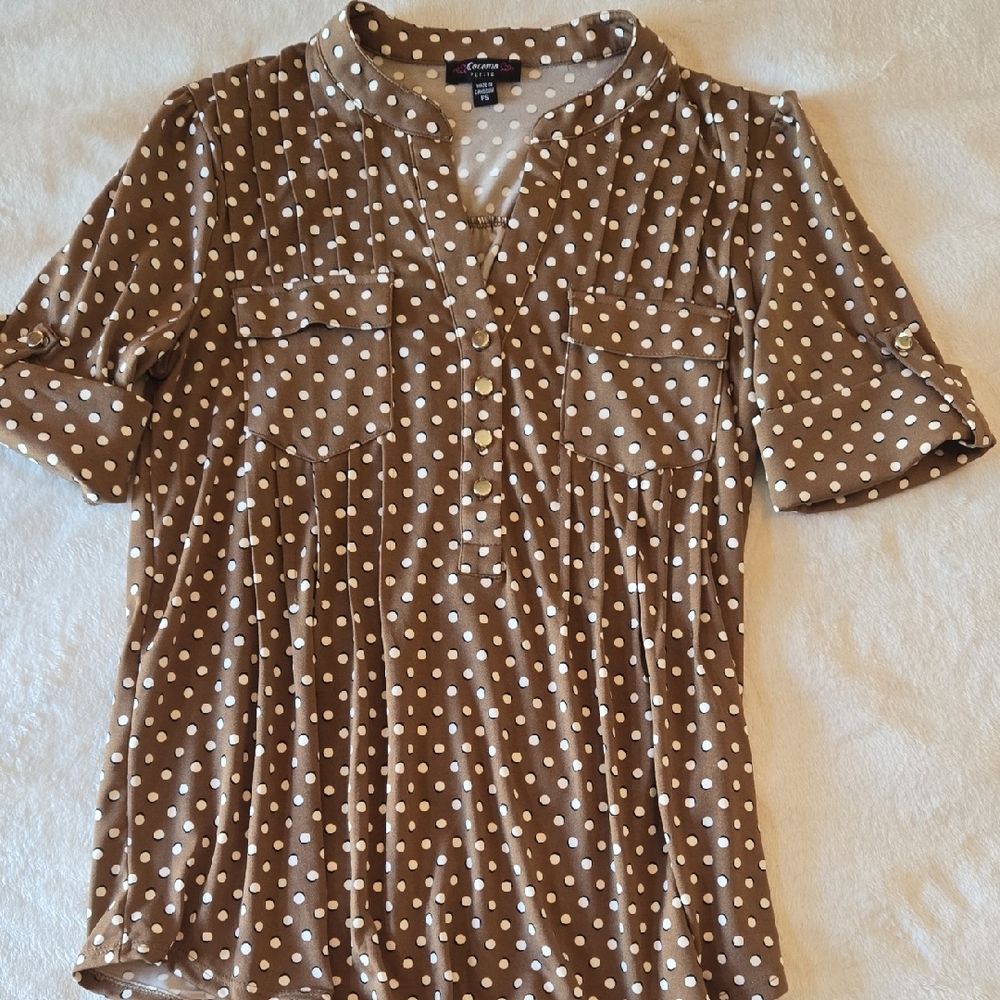 Papaya SP Pleated Blouse Brown PolkaDots Cuffed 3/4 Sleeves Mandarin Collar Y2K - Picture 4 of 8